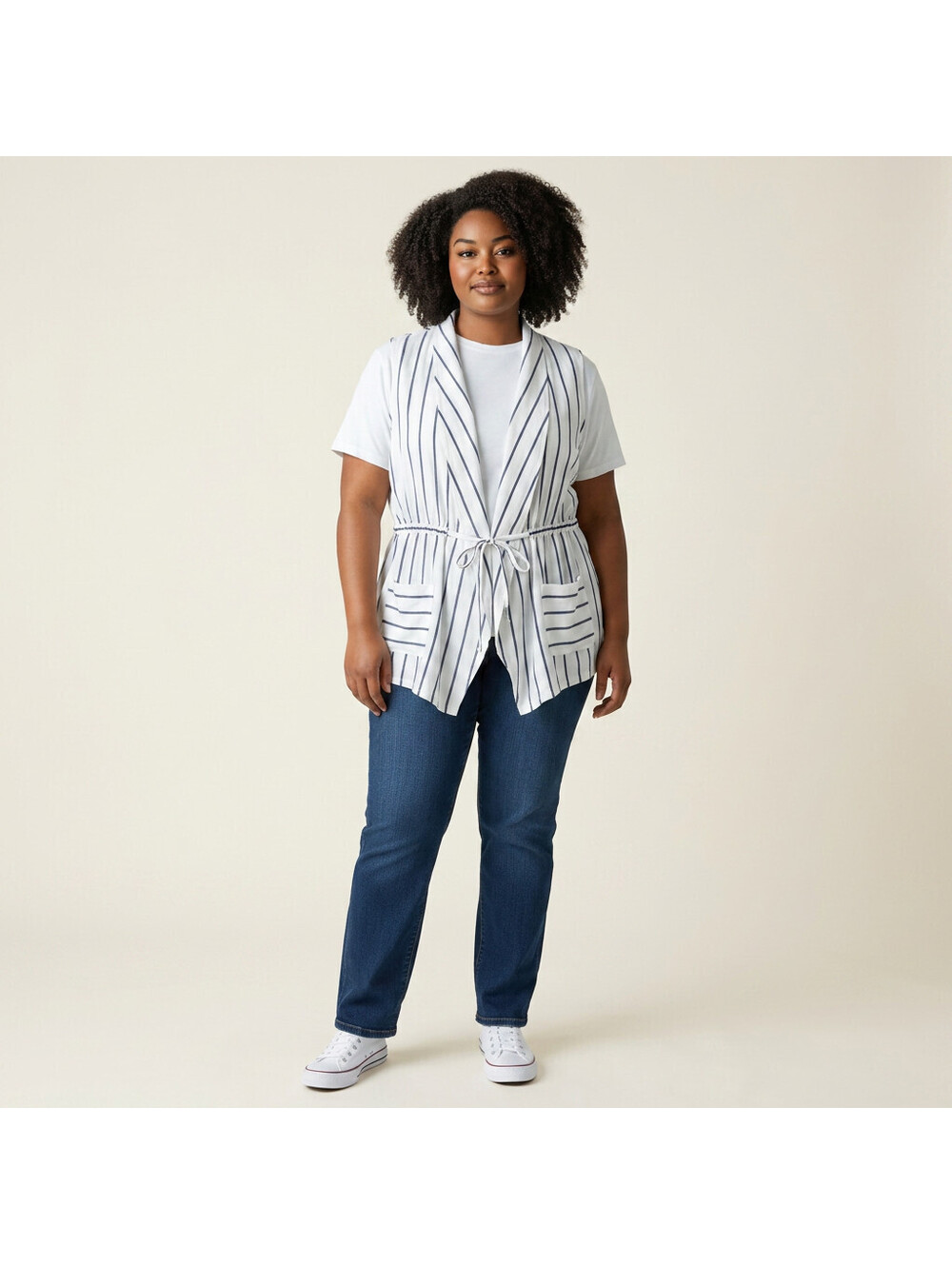 Maurices Top Women 2XL White Striped Open Front Tasseled Sleeveless Wide Strap